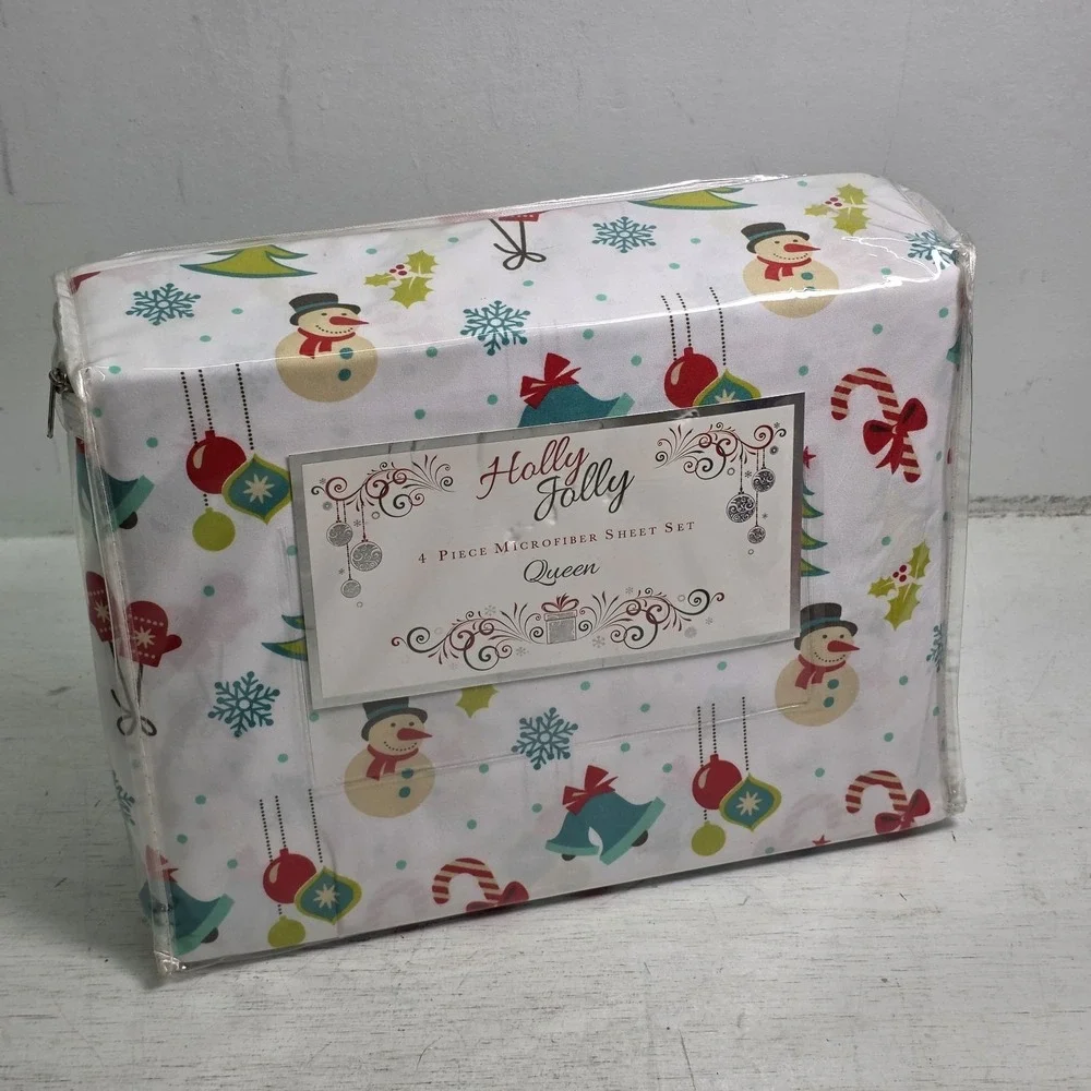 Holly Jolly Christmas Wonderland White Holiday Microfiber Queen 4Pc Sheet Set